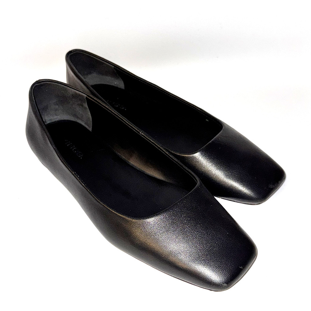 VINCE Leah Women’s 6.5M Square Toe Black Ballet Flats Leather Slip On Shoes EUC